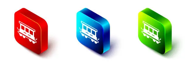 Vector illustration of Isometric Passenger train cars toy icon isolated on white background. Railway carriage. Red, blue and green square button. Vector