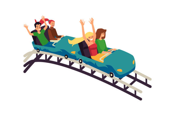 люди на американских горках кричат и смеются плоская векторная иллюстрация изолирована. - rollercoaster carnival amusement park ride screaming stock illustrations