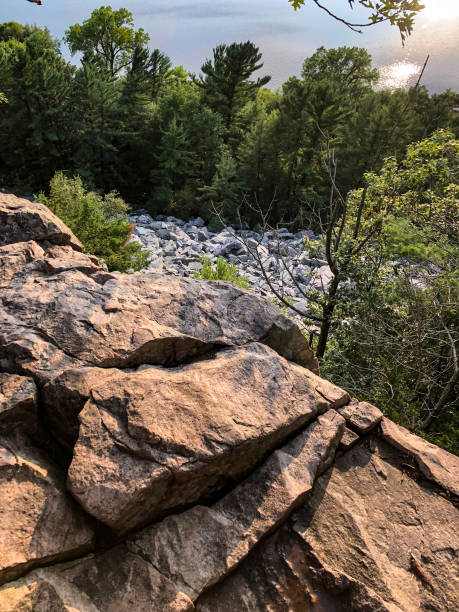 istock Rocky cliff and green trees by water 1333606917