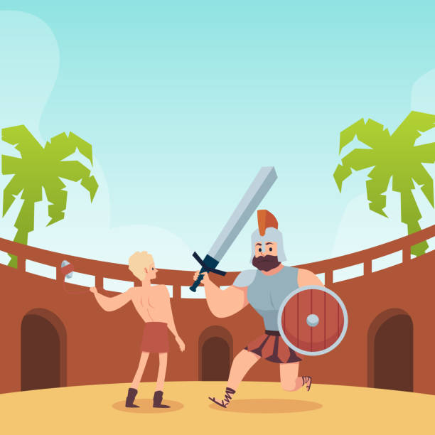 ilustrações de stock, clip art, desenhos animados e ícones de battle of young king david and giant goliath, flat vector illustration. - star of david