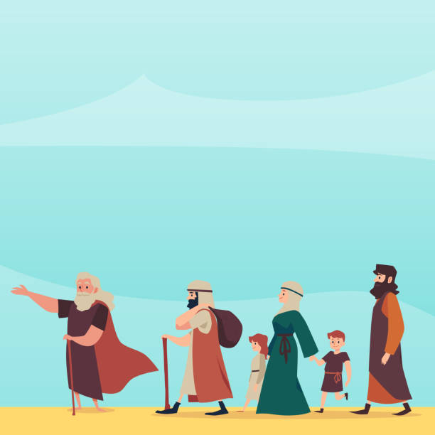 Bible Exodus episode of israelites left Egypt, flat vector illustration. Israelites left Egypt led by Moses, flat vector illustration. Bible Exodus episode for holiday banner or card. Judaism and Christianity religious biblical narrative. cartoon of the saying goodbye stock illustrations