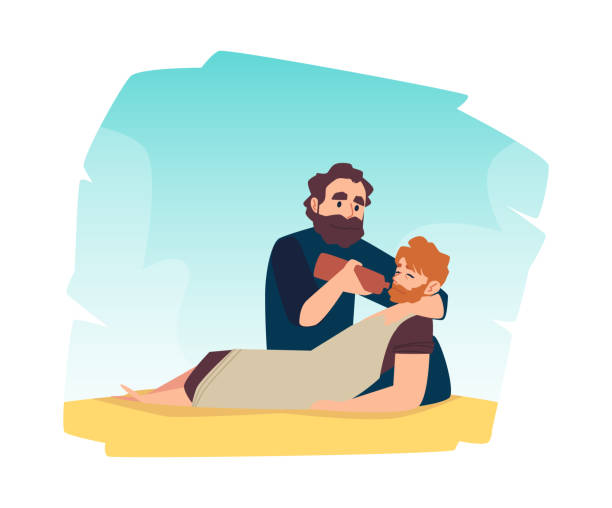 Scene of bible christian parable about good samaritan help to injured man. Scene of bible parable about good samaritan help to injured man. Christian religion story of salvation and assistance victim of robbers. Flat cartoon vector illustration. allegory painting illustrations stock illustrations