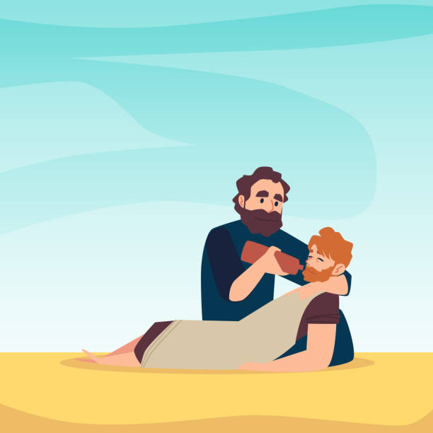 illustrations, cliparts, dessins animés et icônes de affiche avec scène de parabole biblique sur le salut du bon samaritain de l’homme blessé - bon appetite