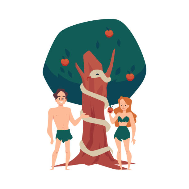 adam und eva essen verbotene früchte in eden, flache vektorillustration isoliert. - naked tree stock-grafiken, -clipart, -cartoons und -symbole