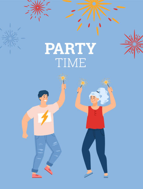 Poster with happy young people having fun on holiday party with fireworks. Poster with happy couple having fun on holiday party with fireworks. People with sparklers in hands dancing at celebration outdoors. Vector flat illustration. block party stock illustrations