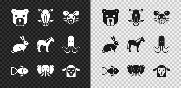 Vector illustration of Set Bear head, Wild boar, Rat, Fish, Elephant, Sheep, Rabbit and Horse icon. Vector