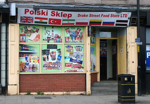 rochdale, greater manchester, united kingdom - 14 July 2021: small polish food store on drake street in rochdale