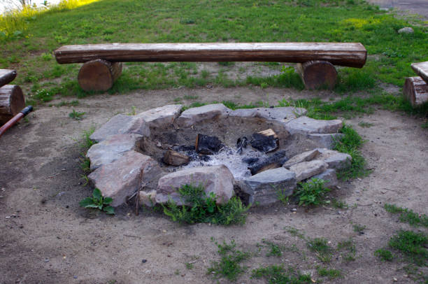istock beach fire pit with rocks, wooden benches 1333612072