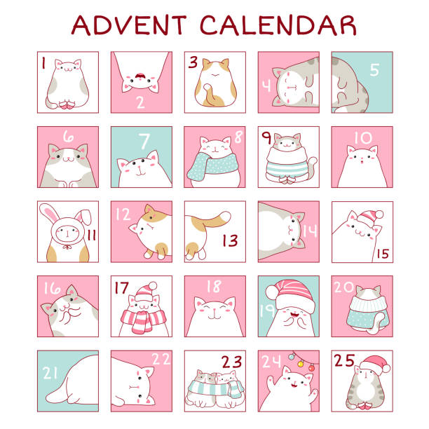 illustrazioni stock, clip art, cartoni animati e icone di tendenza di calendario dell'avvento di natale con simpatici gatti dei cartoni animati - advent calendar advent christmas childhood