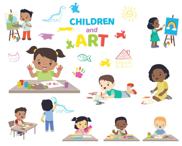 Multi-Ethnic School Children doing Art Big Set Flat Vector Illustration Multi-ethnic school children doing art. Fun and educational big set. Flat vector illustration design set isolated on white. Easy to edit, grouped logically. african american boy drawing stock illustrations