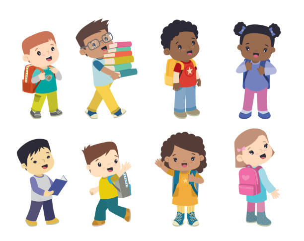 illustrazioni stock, clip art, cartoni animati e icone di tendenza di bambini di scuola multietnici con borse scolastiche illustrazione piatta - multi touch