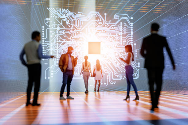 istock Group of people against digital barrier 1333615115