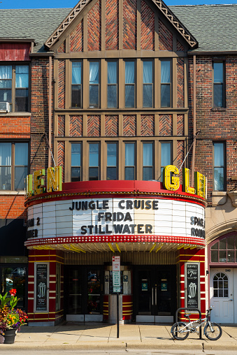 Glen Ellyn, Illinois - United States - August 3rd. 2021:  The Glen Art Theatre, originally opened in 1927, on a beautiful Summer morning.