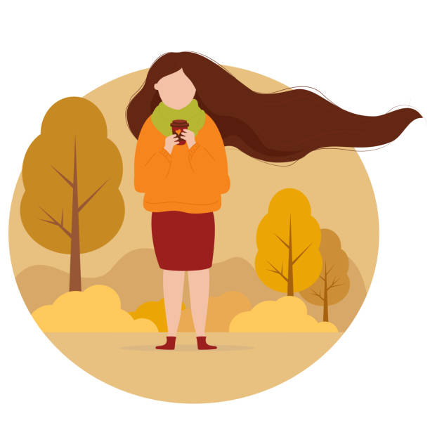 가을 공원에서 커피와 긴 머리를 개발 하는 소녀. 벡터 그림입니다. 가을 디자인, 장식, 카드, 포스터 및 인쇄를위한 가을 풍경의 평평한 스타일의 캐릭터. - scarf blowing women autumn stock illustrations