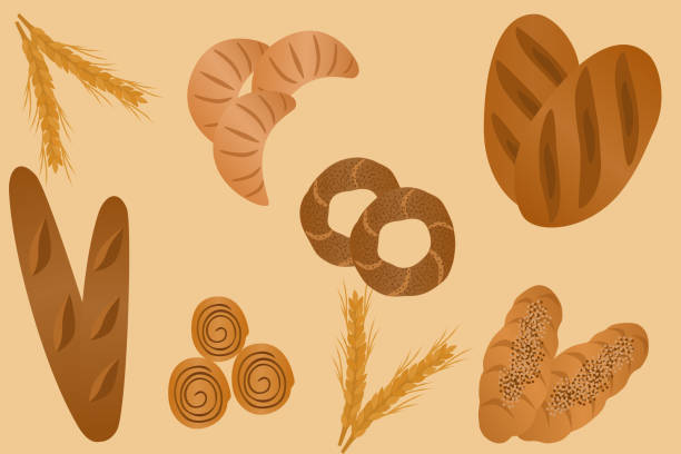 노란 배경에 덩어리, 바게트, 크루아상, 계피 롤빵이 있는 다양한 종류의 베이커리 아이템 - brown bread illustrations stock illustrations