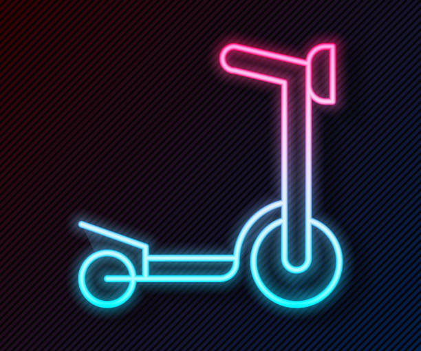 illustrazioni stock, clip art, cartoni animati e icone di tendenza di incandescente linea al neon roller scooter per bambini icona isolata su sfondo nero. kick scooter o balance bike. vettore - motorcycle motor scooter silhouette off road vehicle