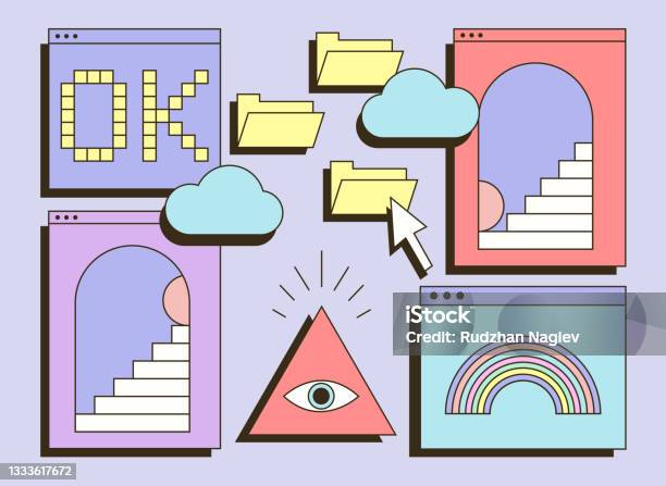 Cute Colorful Retro Vaporwave Desktop With Message Boxes And User Interface Elements Stock Illustration - Download Image Now