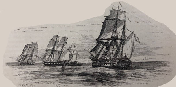 istock Antique illustration - Harper's Magazine - three large sailing ships in a row on the water 1333617764