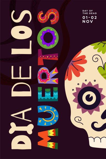 illustrazioni stock, clip art, cartoni animati e icone di tendenza di poster della festa dia de los muertos. biglietto d'auguri del festival nazionale messicano del messico giorno dei morti. scritte colorate e teschio sullo striscione delle vacanze in america latina. volantino tradizionale del carnevale di novembre - day of the dead skull tattoo mexico