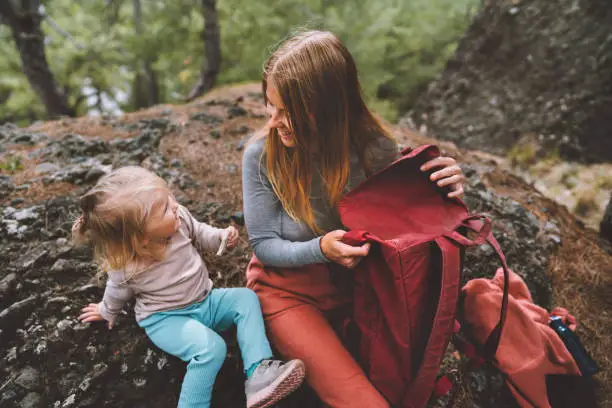 Photo of Mother and daughter child family lifestyle outdoor in forest travel vacations having fun together