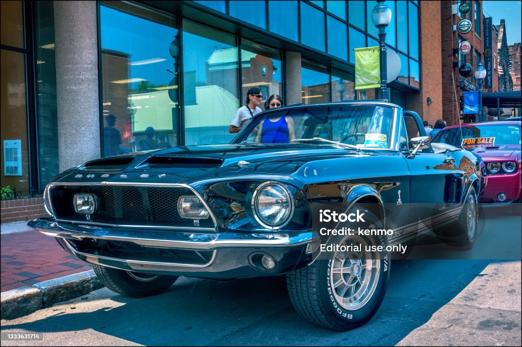 1968 Ford Shelby Mustang GT350 convertible Moncton, New Brunswick, Canada - July 10, 2015  : 1968 Ford Shelby Mustang GT 350 convertible, downtown Moncton during 2015 Atlantic Nationals Automotive Extravaganza, Moncton, NB Canada. Ford Mustang Stock Photo