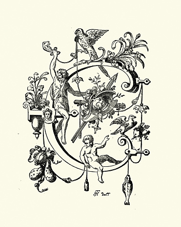 Vintage illustration of Capital letter C, Initial, Neo Classical style