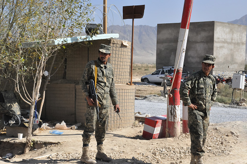 Bagram, Afghanistan 07.10.2012: Afghan soldiers at Military Checkpoint in Afghanistan near Bagram