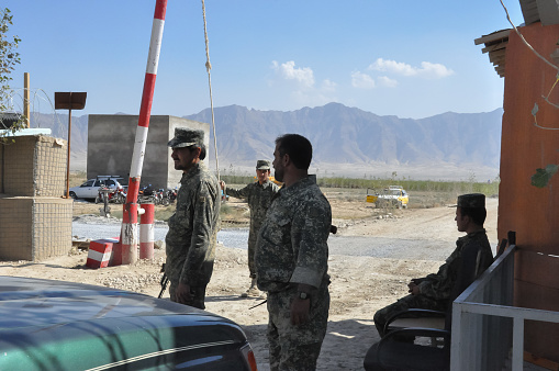 Bagram, Afghanistan 07.10.2012: Afghan soldiers at Military Checkpoint in Afghanistan near Bagram