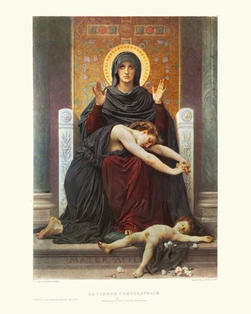 vierge consolatricem po william adolphe bouguereau, virgin mary pocieszając pogrążoną w żałobie matkę - death bed illustration and painting engraving stock illustrations