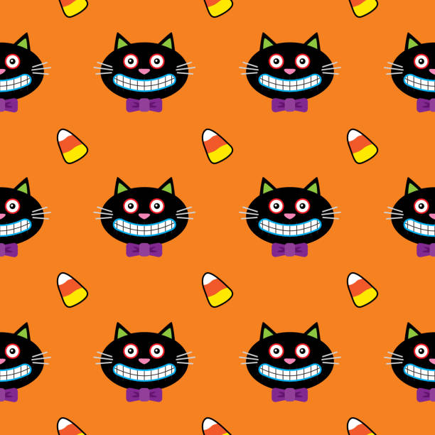 illustrazioni stock, clip art, cartoni animati e icone di tendenza di halloween candy corn e gatti affrontano un modello senza soluzione di continuità - halloween candy candy corn backgrounds