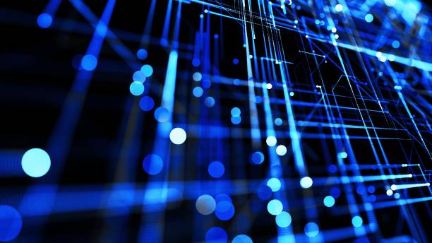 3d render. Glowing particles. Abstract background as technological concept with many blue lines and nodes. Sci-fi bg of glow particles form lines like electrical circuit or microcircuit.