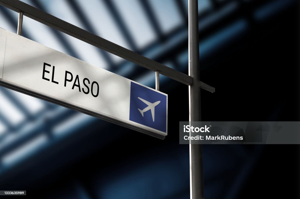 Airport departure for El Paso information board sign Airport departure for El Paso information board sign. Close-up. Roof construction in the background. Blue color. Horizontal orientation. El Paso - Texas Stock Photo