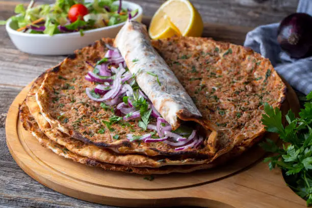 Traditional delicious Turkish pizza (Turkish name; Lahmacun)