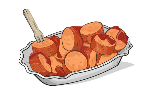 illustrazioni stock, clip art, cartoni animati e icone di tendenza di illustrazione cartone animato della specialità tedesca currywurst - currywurst