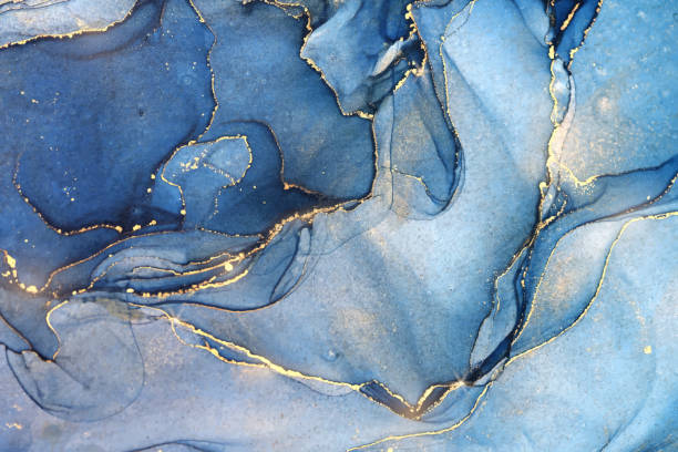 黄金の汚れと抽象的な青い液体水彩の背景。シアン大理石アルコールインク描画効果。近木のターコイズジオデ。結婚式の招待状のためのベクトルイラストデザインテンプレート - マーブル模様点のイラスト素材／クリップアート素材／マンガ素材／アイコン素材