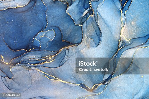 istock Abstract blue liquid watercolor background with golden stains. Cyan marble alcohol ink drawing effect. Turquoise geode with kintsugi. Vector illustration design template for wedding invitation 1333638343