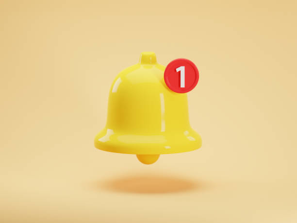 istock 3d render icon of yellow notification bell with one new message isolated on orange background. Social media notice event reminder. 3d rendering illustration, concept of notification message 1333639654
