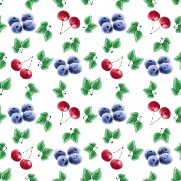 słodki jagody wzór botaniczny - berry fruit blueberry floral pattern strawberry stock illustrations