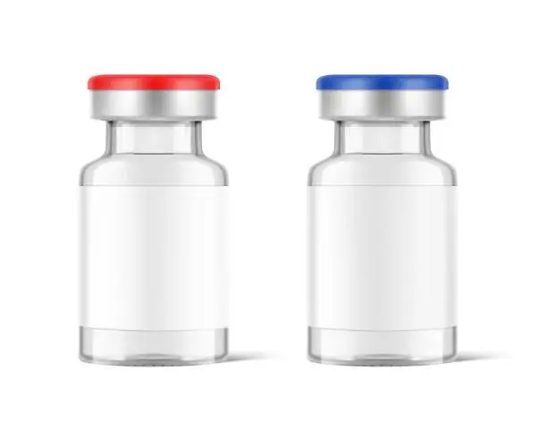 Vector illustration of Transparent glass bottles for vaccine injections mockup.