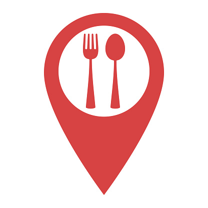 Pinpoint with fork and spoon vector icon. Map pointer symbol for website, gps navigator, apps, business card. Location point of cafe or restaurant . Geolocation mark on the map. Map marker sign.