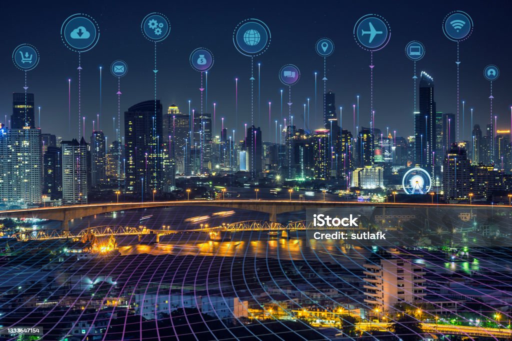 Smart city dot point connect with gradient grid line, internet of things connection technology icon concept Smart city dot point connect with gradient grid line, internet of things connection technology icon concept. Night city with big data. Bangkok thailand cityscape at night many tower near river City Stock Photo