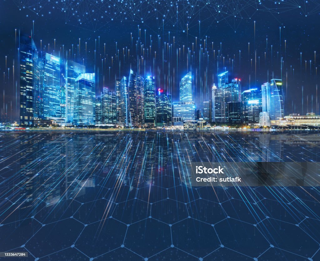 Smart city dot point connect with gradient grid line, connection technology concept. Night city banner with big data. Singapore City Stock Photo