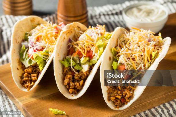 Homemade American Soft Shell Beef Tacos Stock Photo - Download Image Now - Taco, Ground Beef, Beef Taco