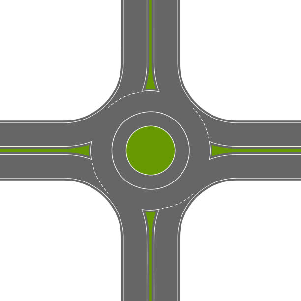 ilustrações de stock, clip art, desenhos animados e ícones de empty roundabout top view. circular traffic intersection. round road junction isolated on white background. city map element. vector flat illustration - traffic roundabout