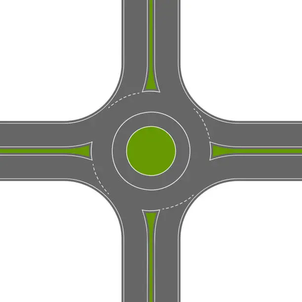 Vector illustration of Empty roundabout top view. Circular traffic intersection. Round road junction isolated on white background. City map element. Vector flat illustration