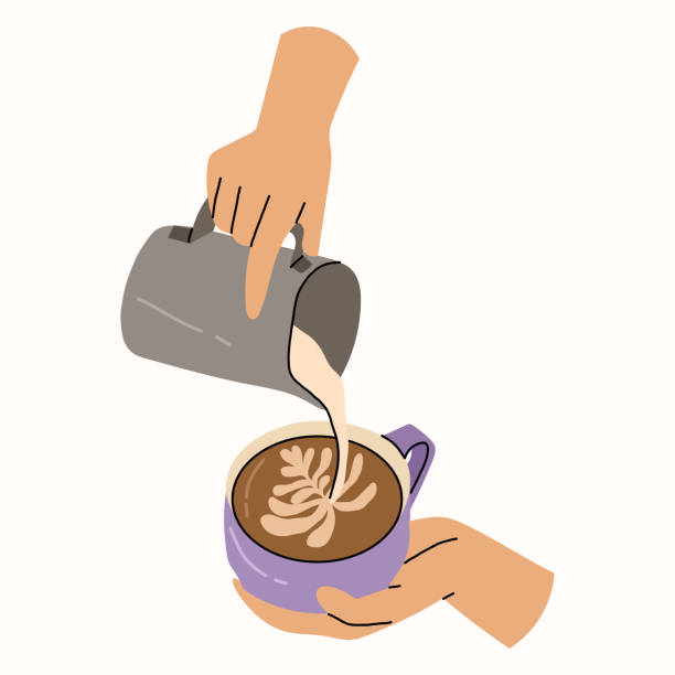 illustrazioni stock, clip art, cartoni animati e icone di tendenza di mani barista che tengono la tazza di caffè e aggiunge panna, latte. - coffee hand woman