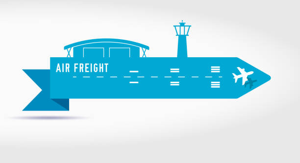 Air cargo services and freight paper cut ribbon banner. Flat vector illustration isolated on white Air cargo services and freight paper cut ribbon banner. Airport with a hangar and a tower, an airplane taking off. Flat vector illustration isolated on white background. runway condition stock illustrations
