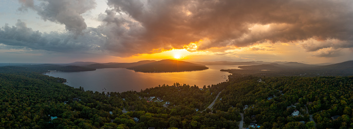 Aerial View of Laurentian's Landscape, Lac St-Joseph at Sunset, Quebec, Canada