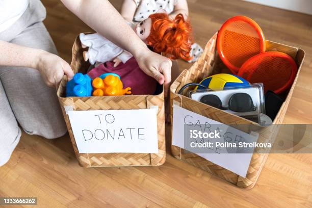 Boxes Of Things For A Garage Sale And Donation Decluttering Cleaning And Moderate Consumption For A Sustainable Life Stock Photo - Download Image Now