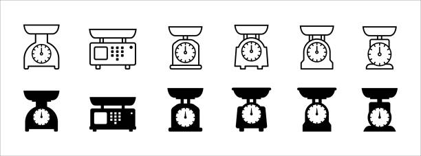 부엌 체중 규모 아이콘 벡터 세트입니다. 부엌 스케일 도자기 플랫 라인 아이콘 일러스트 컬렉션. - gauge white kilogram black stock illustrations
